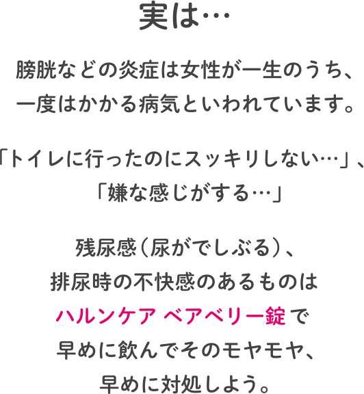 実は…　膀胱などの炎症は女性が一生のうち、一度はかかる病気といわれています。　「トイレに行ったのにスッキリしない…」、「嫌な感じがする…」　残尿感（尿がでしぶる）、排尿時の不快感のあるものはハルンケアベアベリー錠で早めに飲んでそのモヤモヤ、早めに対処しよう。