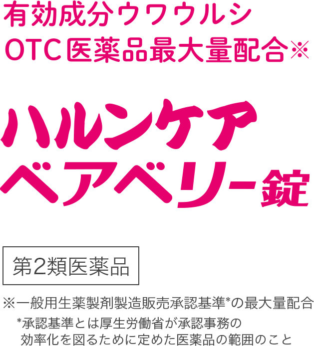 有効成分ウワウルシ　OTC医薬品最大量配合※　ハルンケアベアベリー錠　第２類医薬品　※一般用生薬製剤製造販売承認基準*の最大量配合
   *承認基準とは厚生労働省が承認事務の効率化を図るために定めた医薬品の範囲のこと