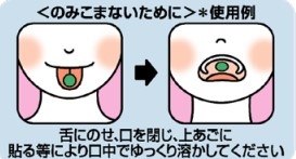 ＜のみこまないために＞＊使用例 舌にのせ、口を閉じ、上あごに張る等により口中でゆっくり溶かしてください
