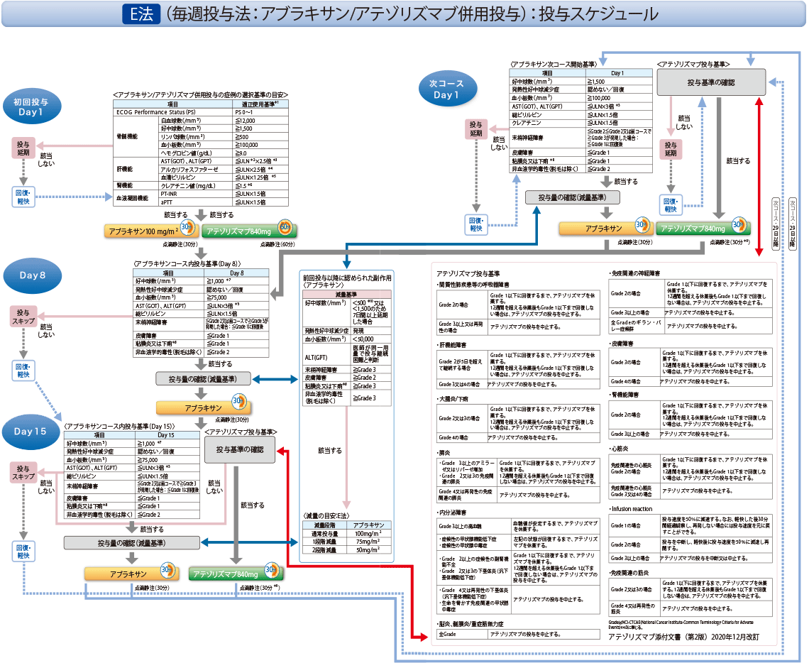 E法（毎週投与法：アブラキサン/アテゾリズマブ〈遺伝子組換え〉併用投与）：投与スケジュール