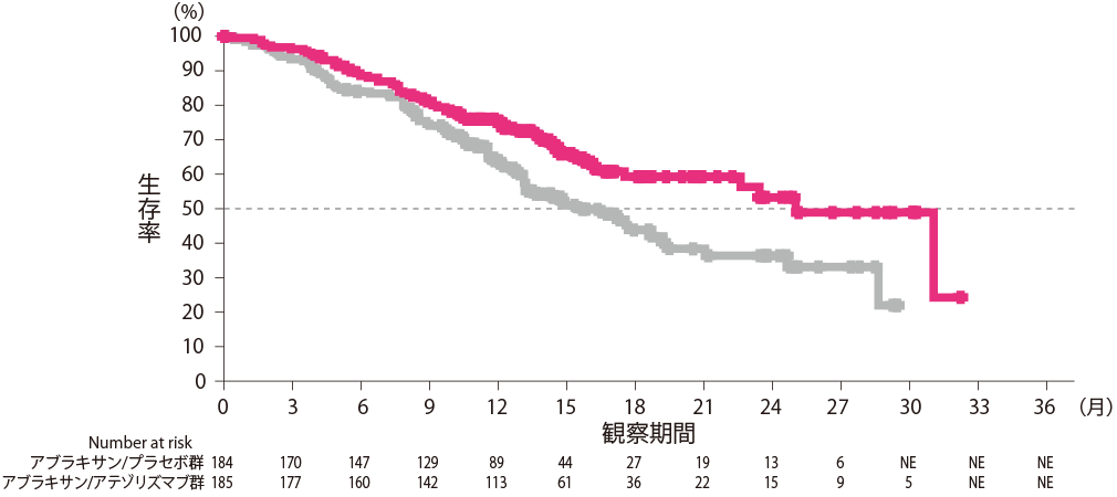 全生存期間（Kaplan-Meier曲線）：PD-L1陽性集団