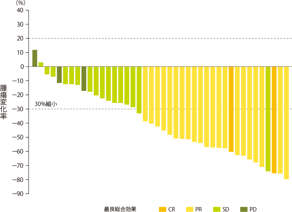 症例ごとの腫瘍縮小効果（Waterfall プロット）